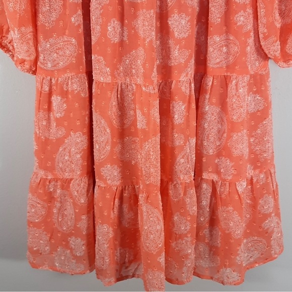 Skies Are Blue Tiered Smocked Bodice Babydoll A-Line Mini Dress SZ M Coral - Picture 5 of 12